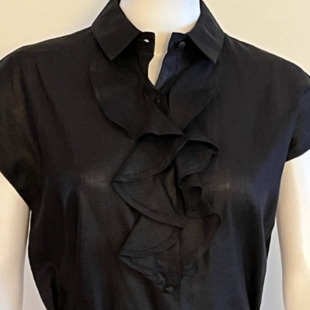 Paul Stuart Black Irish Linen Ruffle Sleeveless Blouse Sz US10